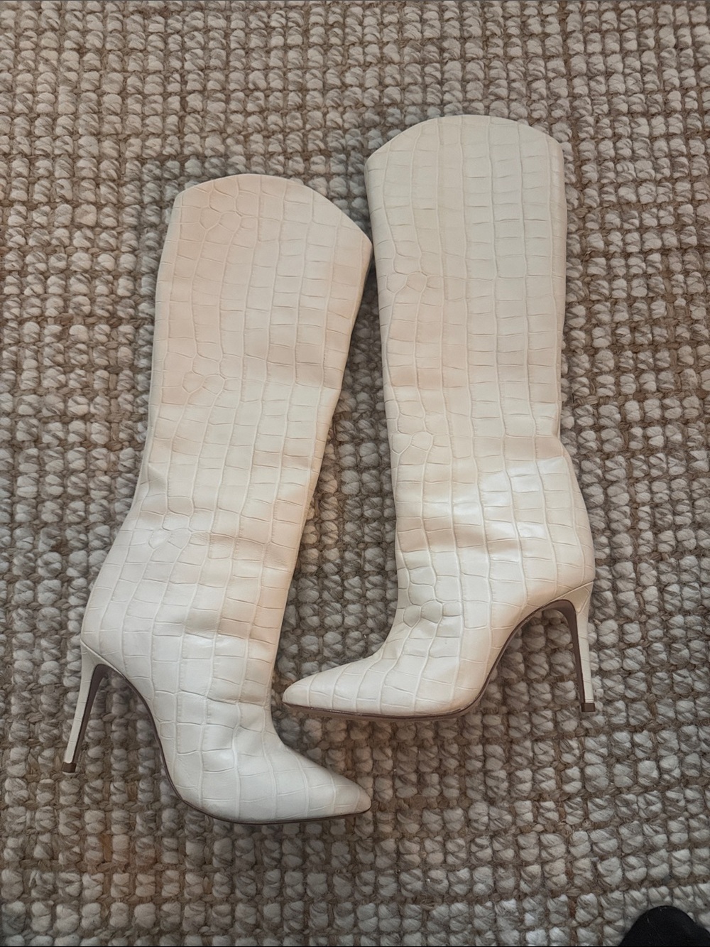 SCHUTZ Cream Croc-Embossed Pointed-Toe Knee Boots